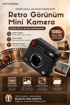 Nostaljik Tasarımı Retro Görünüm Kare Mini Foto Video Kamera 1080P Full HD 32GB Kart Hediyeli