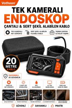 Ekranlı Tek kameralı 20 Mt Sert Kablo Yılan Endoskop Kamera 8 mm 4.3 ınc