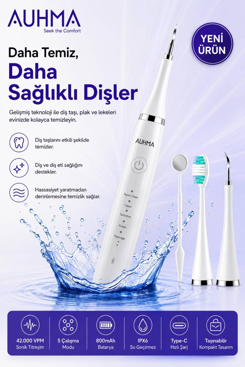 Ultrasonic  Şarjlı Elektrikli Akıllı Diş Temizleme Cihazı Beyazlatıcı 5 Mod 3+1 Başlık, IPX8 Su Geçirmez Beyaz