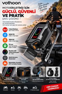 Motosiklet Telefon Tutucu Ayna Ve Gidon Bağlantılı Telefon Şarj Cihazı Geri Sarılabilir Type-C Kablolu Voltaj Göstergeli 30W