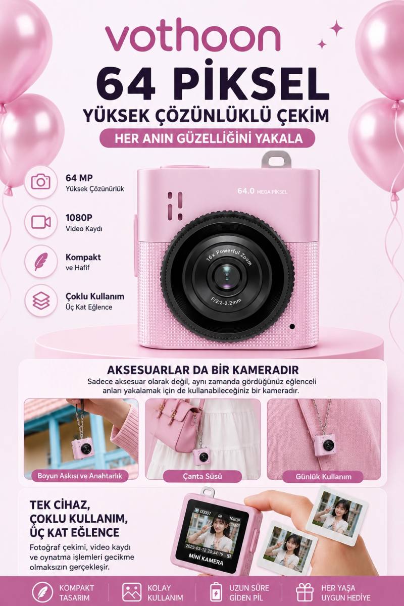 Mini Dijital Kamera 64MP 16x Digital Zoom Retro Vintage 1.4’’Ekranlı Video Kamera Taşınabilir Tasarım Pembe