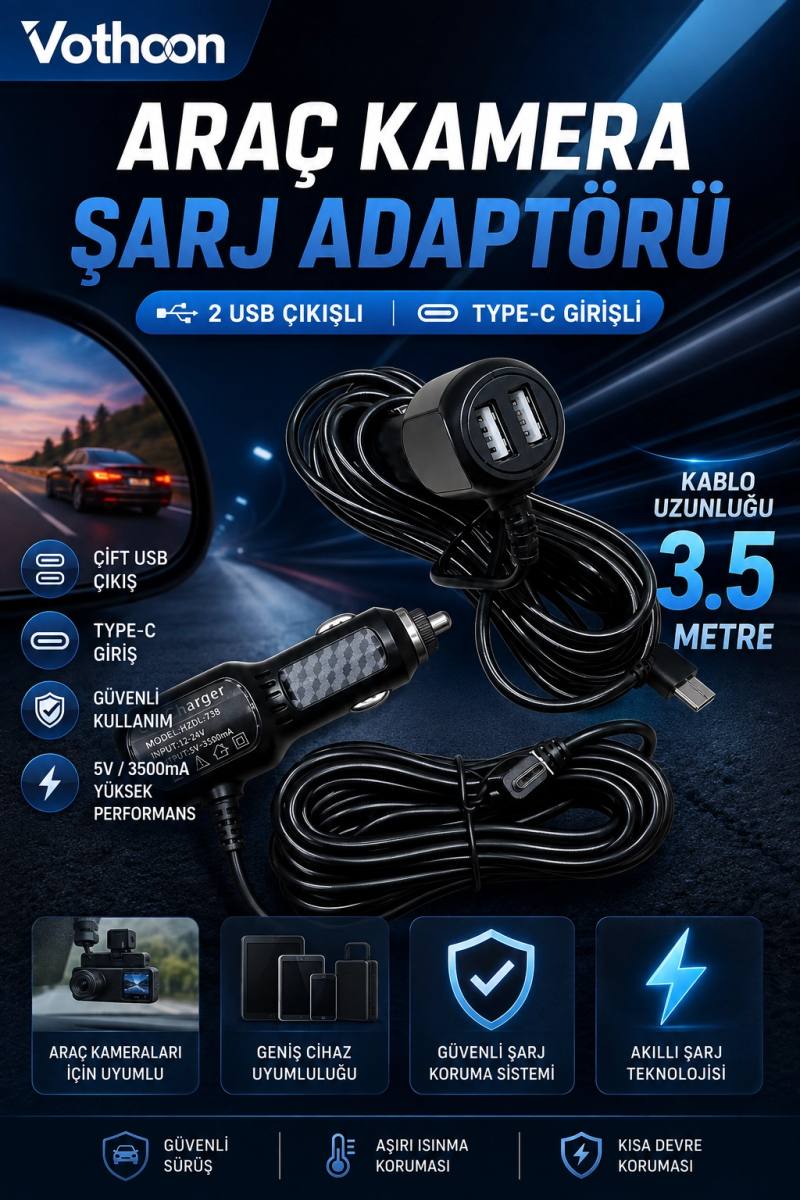 Araç Kamera Şarj Adaptörü 2 Usb’li Type-c Girişli 3.5 Metre Kablo Uzunluğu(Ürün Kamera Değildir)