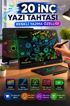20 Inc Renkli Lcd Grafik Dijital Kalemli Çizim Tableti Yazı Tahta Not Yazma Eğitim Tableti Siyah