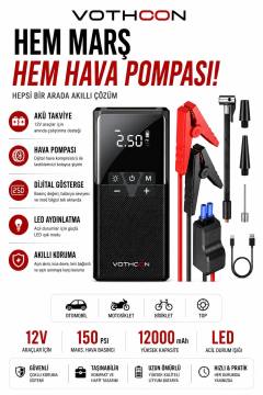 Vothoon12000 mAh Akıllı Akü Takviye ve Dijital Hava Pompası Akım Korumalı
