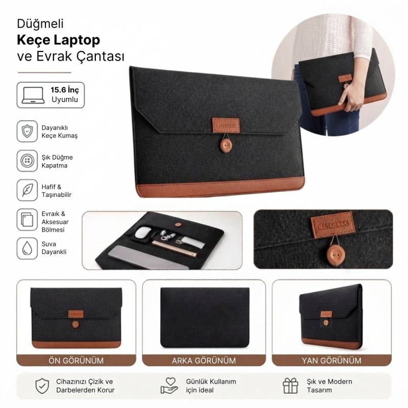 15.6 İnç Düğmeli Keçe Laptop ve Evrak Çantası, Notebook Bilgisayar ve Dosya Taşıma Çantası