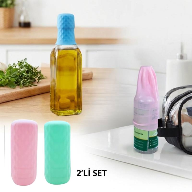 2 Adet Silikon Şişe Kapağı – Seyahat Tipi Sızdırmaz Elastik Şampuan, Losyon ve Parfüm Şişesi Koruyucu