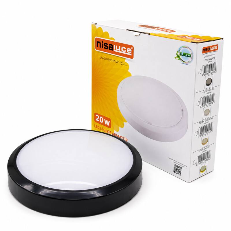 20W SİYAH METAL KASA SIVA ÜSTÜ YUVARLAK LEDLİ GLOP ARMATÜR IP20 6500K - 1800Lm E1212/S