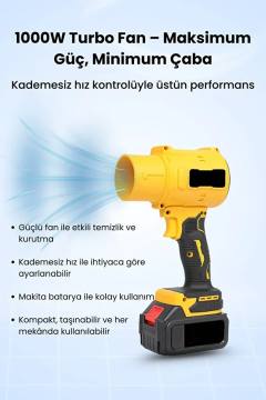 21V Kablosuz Hava Üfleyici | 32.000RPM Turbo Fan, 12.000mAh Batarya, Bahçe &amp; Araç Kurutma / Sarı