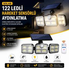 3'lü 122 LEDLİ Güneş Enerjili Hareket Sensörlü Aydınlatma, Dış Mekan Duvar ve Bahçe Lambası Solar LED