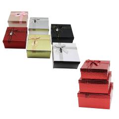 3PCS Kare Parlak Mix Renkli - Kabartma Desen Karton Hediye Kutusu Kurdelalı 19-17-15CM