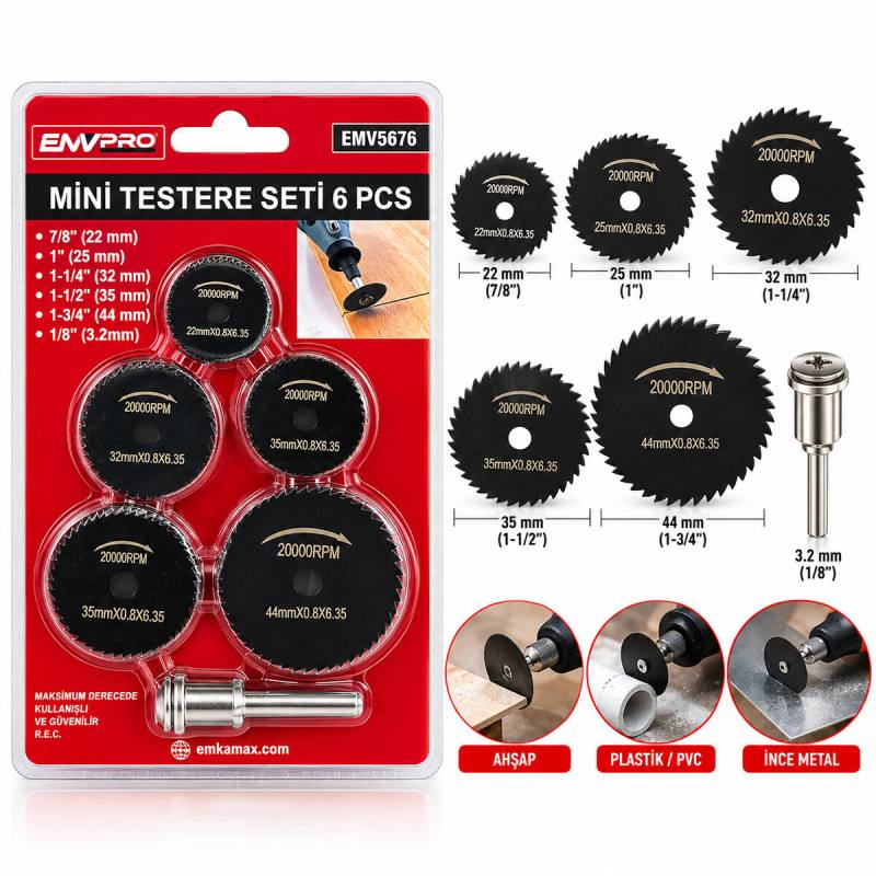 6PCS Mini Testere Set 7/8 INC-22MM - 1 INC-25MM - 1-1/4 INC-32MM - 1-1/2 INC-35MM - 1-3/4 Inc- 44MM - 1/8 INC--3.2MM