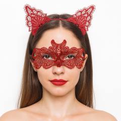 Ateş Kırmızısı Dantel Taç ve Maske Seti 10 No - Maskeli Balo &amp;amp; Özel Gün Seti