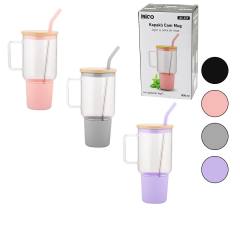Cam 1000ML Matara - Suluk Bambu Kapak - Sızdırmaz Silikonlu Çelik Pipet Koruyucu Silikon Altlık - Kılıf