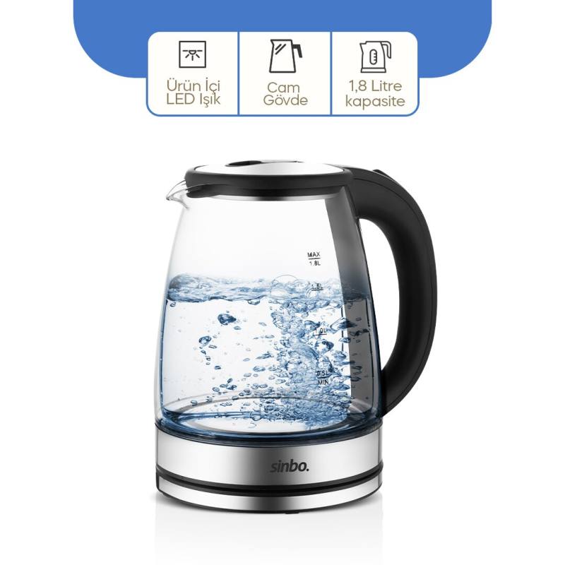 Cam - Ledli Kettle 1.8LT Gizli Rezistans - Kablosuz 360 Derece Gövde 1500W SK-8033