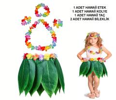 Çocuk Hawaii Kostüm Seti - Yaprak Etek &amp;amp; Hawaii Set - 5 Parça
