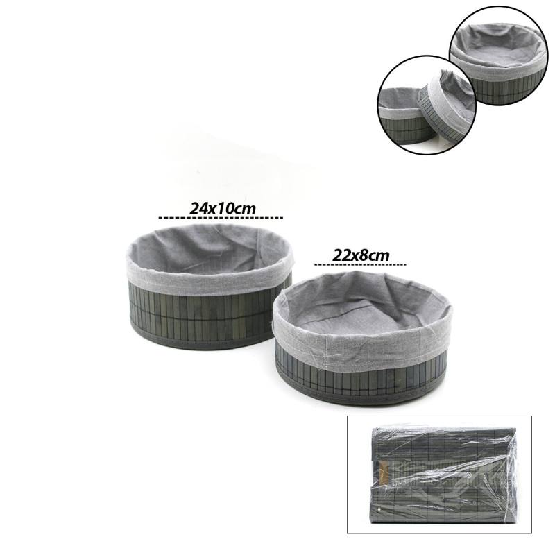Gri 2 Boy Yuvarlak Bambu Kenar Organizer Sepet Ahşap Altlık - Bezli ÇAP=22X24CM