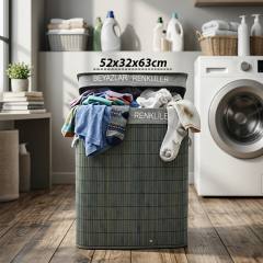 Gri Dikdörtgen 2 Bölmeli 52X32CM Y:63CM Bambu Ahşap Kirli Çamaşır Sepeti Kumaş Çantalı İp Kulp