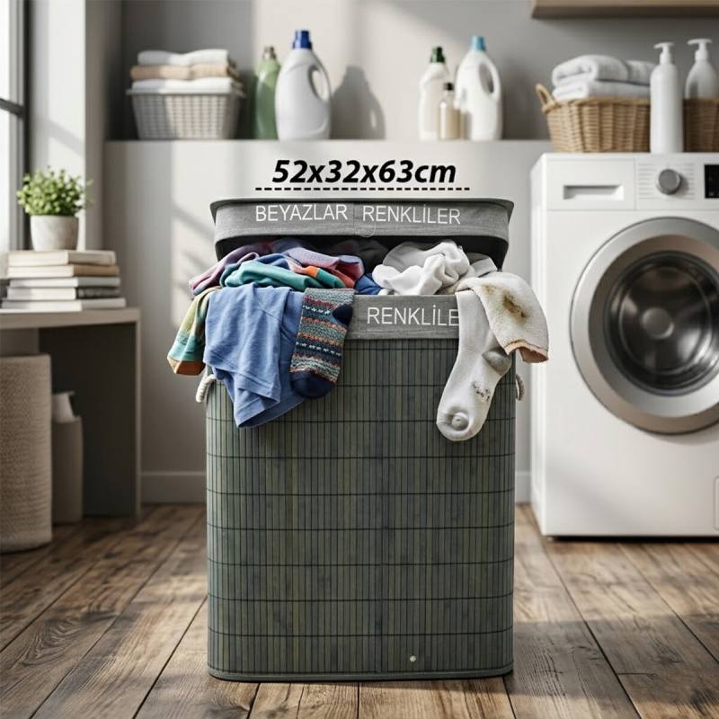 Gri Dikdörtgen 2 Bölmeli 52X32CM Y:63CM Bambu Ahşap Kirli Çamaşır Sepeti Kumaş Çantalı İp Kulp