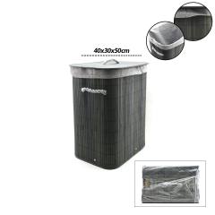 Gri Dikdörtgen 40X30CM - Y:60CM Bambu Ahşap Kirli Çamaşır Sepeti Seyyar Kapaklı Kumaş Çantalı İp Kulplu