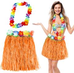 Hawaii Luau Aloha Turuncu Püsküllü 40 cm Etek ve Hawaii Kolye Seti