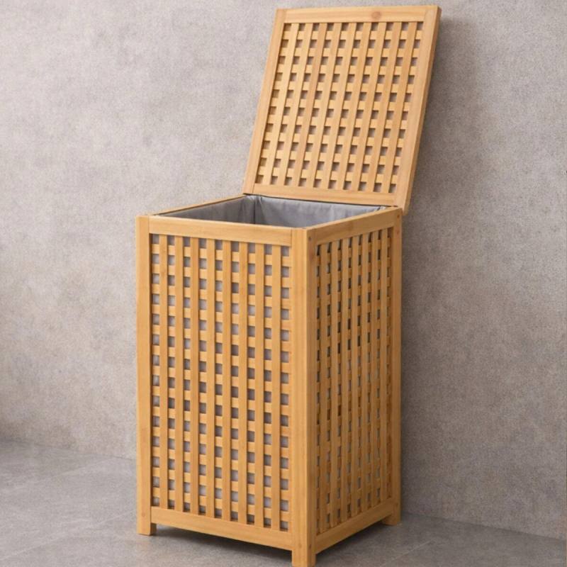 Kalın Ahşap Bambu Kirli Çamaşır Sepeti Kumaş Çantalı SEPET=40X40X58CM