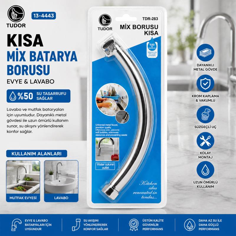 Kuğu Evye - Lavabo Kısa Mix Batarya Borusu Krom Kaplama - Vakumlu - Süzgeçli Uç