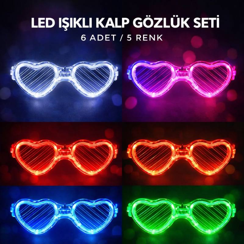 LED Işıklı Kalp Glow Pilli Parti Gözlüğü – 6 Adet / 5 Renk Set