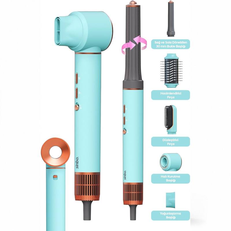 Mavi Air Brush 5İN1=BUKLE-HACİMLE-DÜZLEŞTİR-2-FIRÇA Saç Kurutma - Şekil Makinesi 1300W 3-KDM.HIZ Sıcaklık SHD-1729