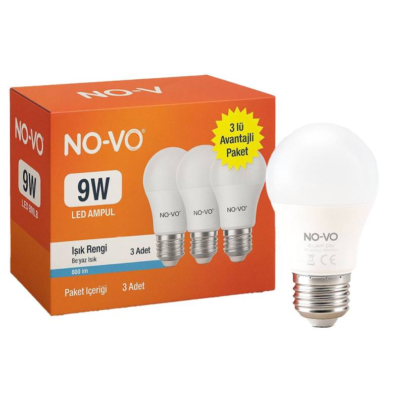 No-vo 3LÜ Avantaj Paket 9W Beyaz Led Ampul E27 806LM 6500K 15.000 Saat Ömür