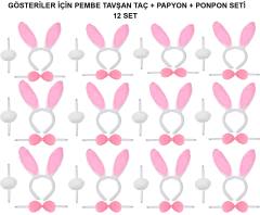 Pembe Tavşan Kostüm Seti – Taç, Papyon, Ponpon (12’li Paket)