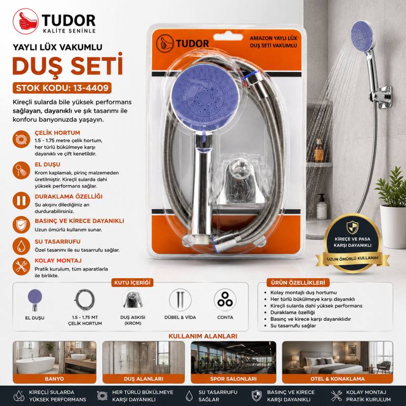 Vakumlu - Krom Lüks Duş Seti Metal Yaylı HORTUM=150CM Mafsal