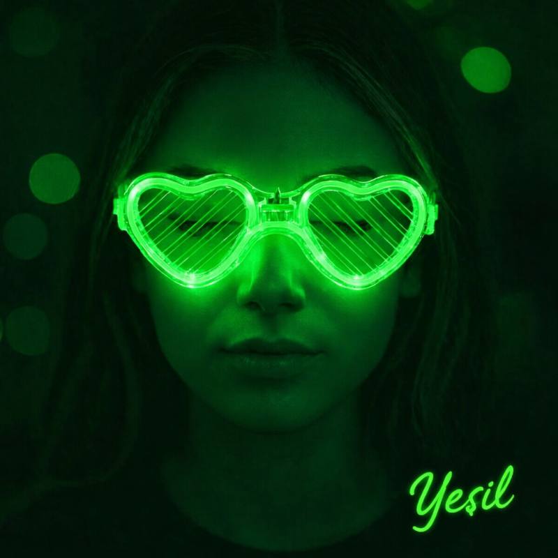 Yeşil LED Işıklı Kalp Gözlük – 3 Modlu Parti - Glow Gözlüğü