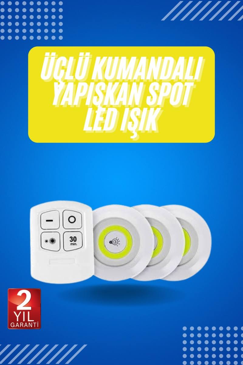 Yapışkanlı 3'lü Spot Led Işık Lamba Montajsız Pilli Uzaktan Kumandalı
