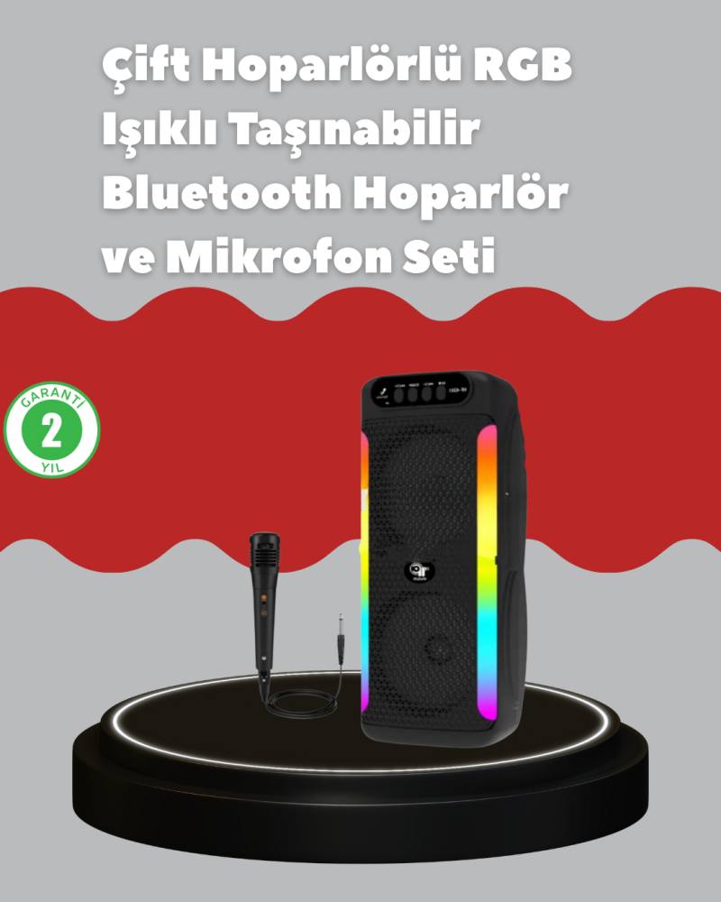 Çift 4 inç Hoparlörlü RGB Işıklı Bluetooth Ses Sistemi