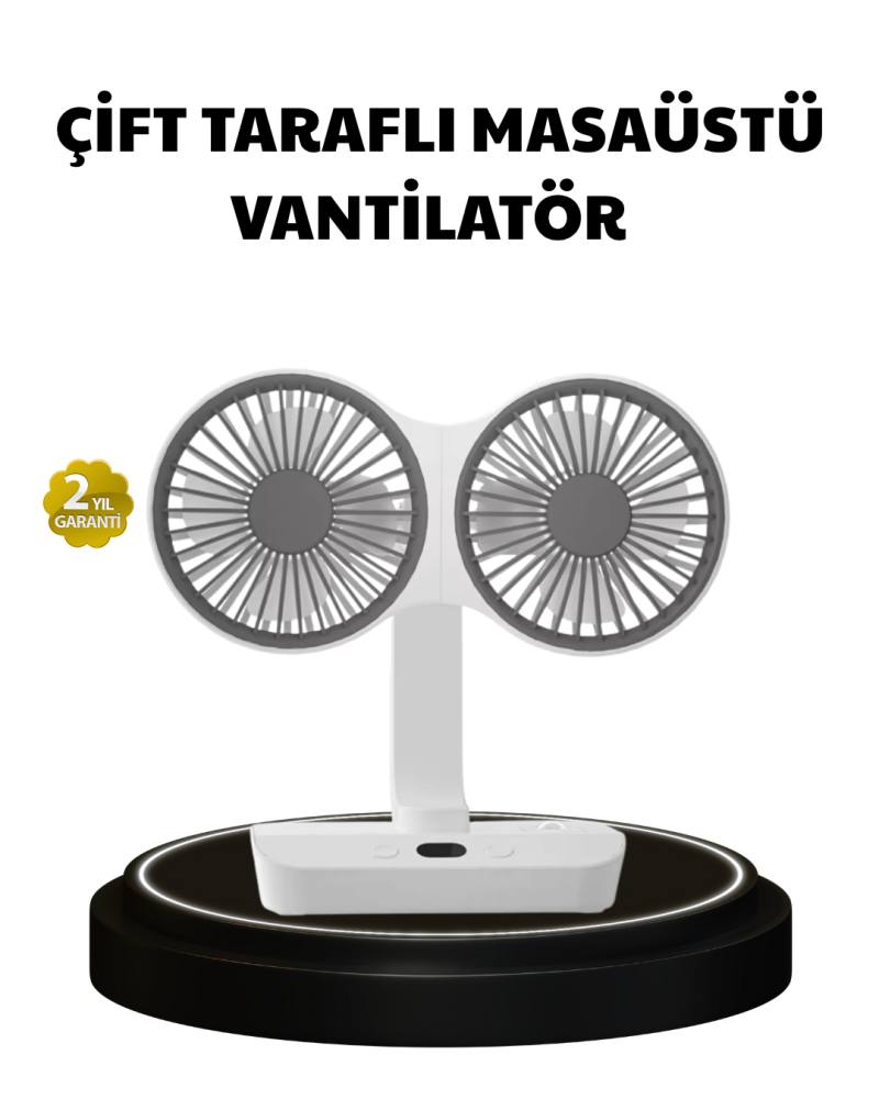 720° Dönebilen Çift Başlıklı USB Şarjlı Masaüstü Vantilatör – Sessiz ve Güçlü Serinlik