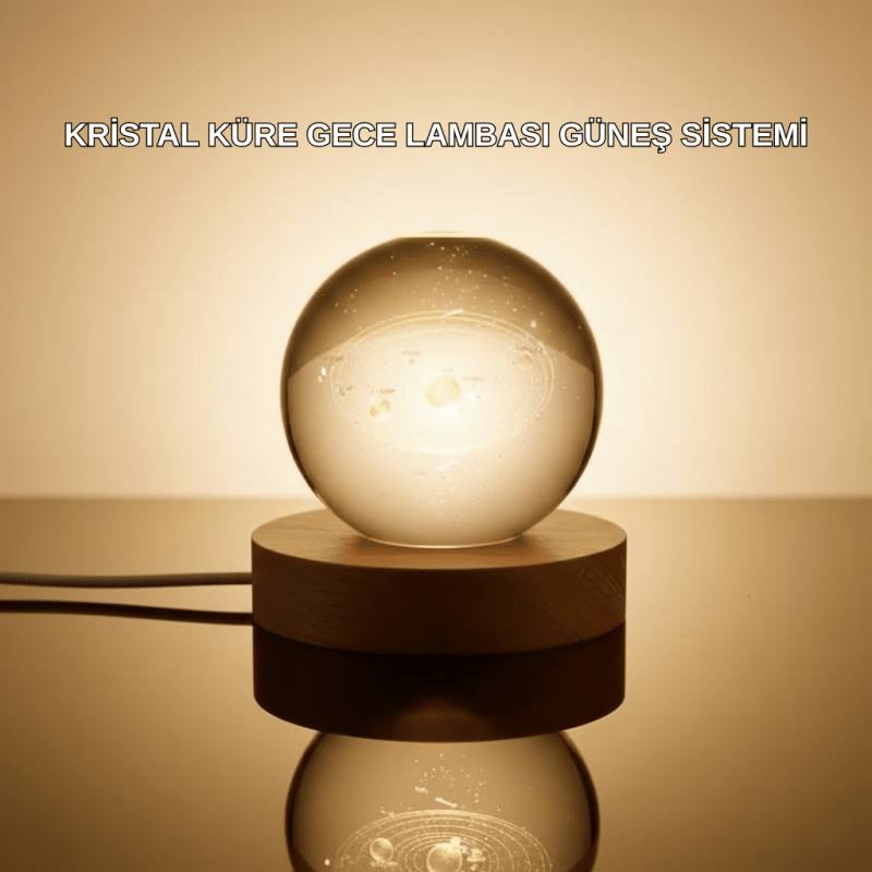 Kristal Gezegen Küre Ahşap Tabanlı USB Işıklı Gece Lambası