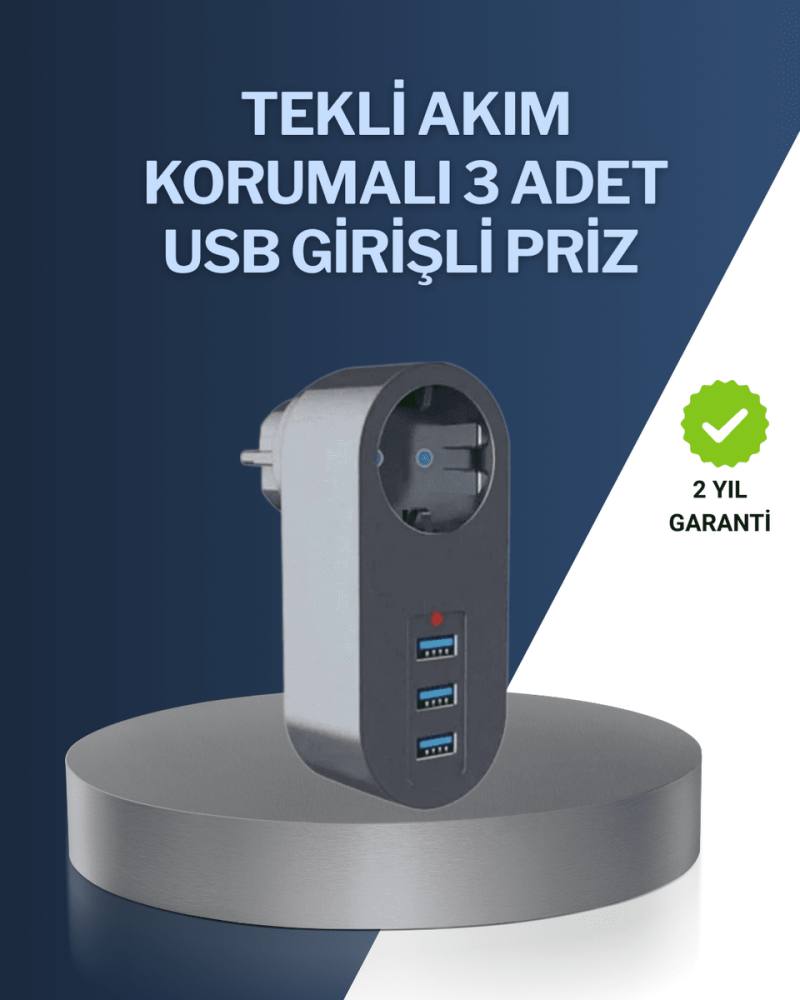 Çocuk Korumalı Termal Priz – 3'lü USB Şarj ve Akım Koruması