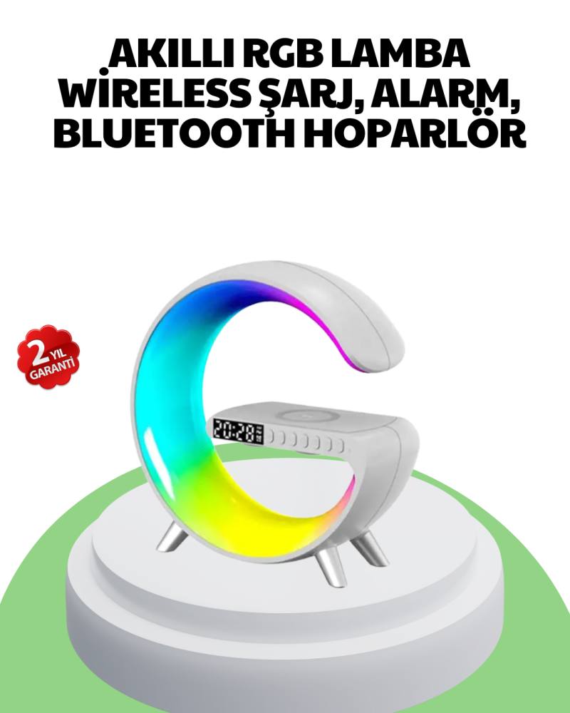 Bluetooth Hoparlörlü RGB Atmosfer Lambası Kablosuz Şarj ve Saat Özellikli