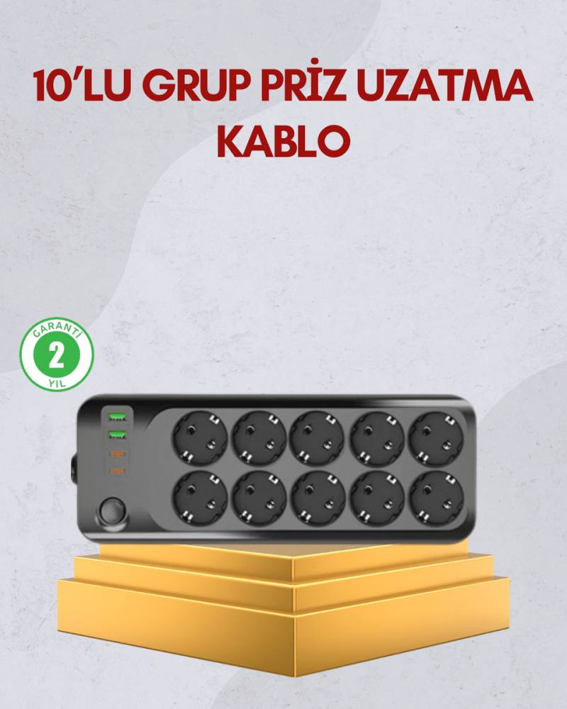 10 Prizli Uzatma Kablosu Termal Koruma USB Type-C Hızlı Şarj 2500W