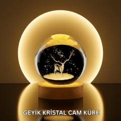 Doğal Ahşap Standlı Geyik Figürlü Kristal Küre LED Dekoratif Lamba