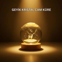 USB Bağlantılı Geyik Temalı Kristal Küre Premium Masa Gece Lambası
