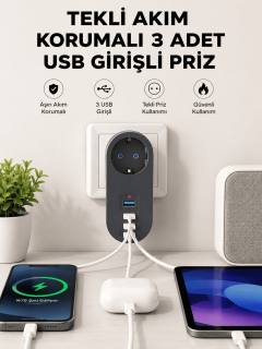 Isıya Dayanıklı 3 USB Portlu Güvenlikli Priz – Akıllı Enerji Yönetimi