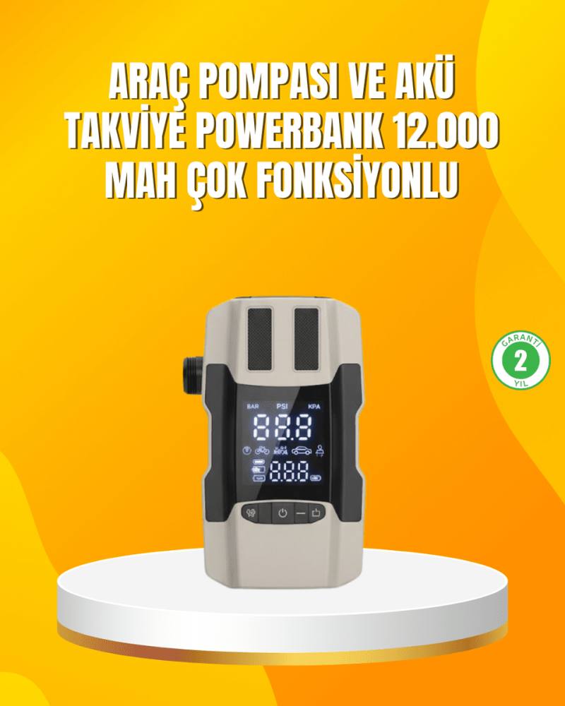 12.000 mAh Akü Takviye Powerbank Dahili Hava  Dijital Ekranlı