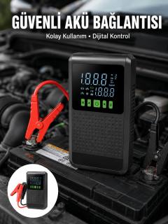 12.000 mAh Şarjlı Araç Akü Takviye ve Işıklı Hava Kompresörü Yeni Nesil