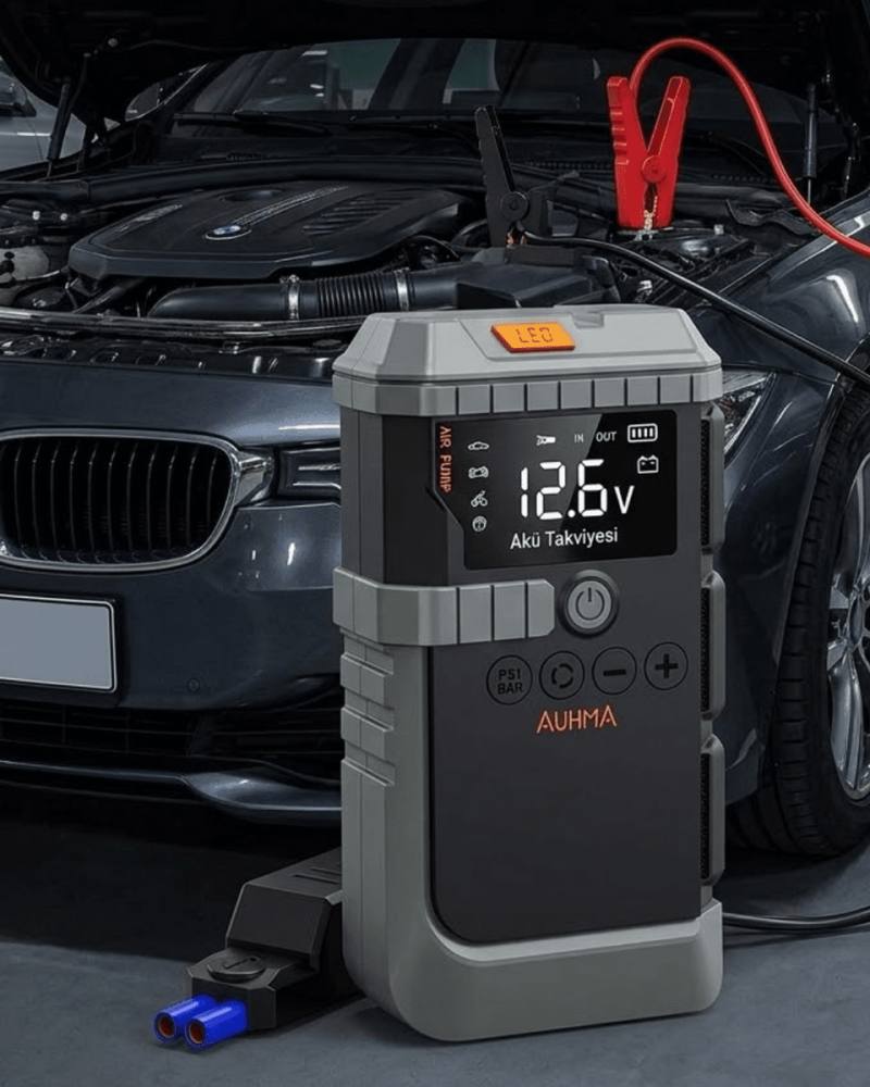 Taşınabilir Araç Çalıştırma Jump Starter Hava Pompası Dijital Basınç Göstergeli Güç Bankası