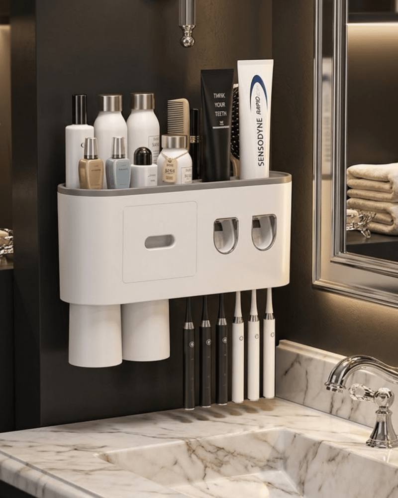 Çift Dispenserli Diş Macunu Sıkacağı 6 Fırçalık Bardaklı Banyo Organizer
