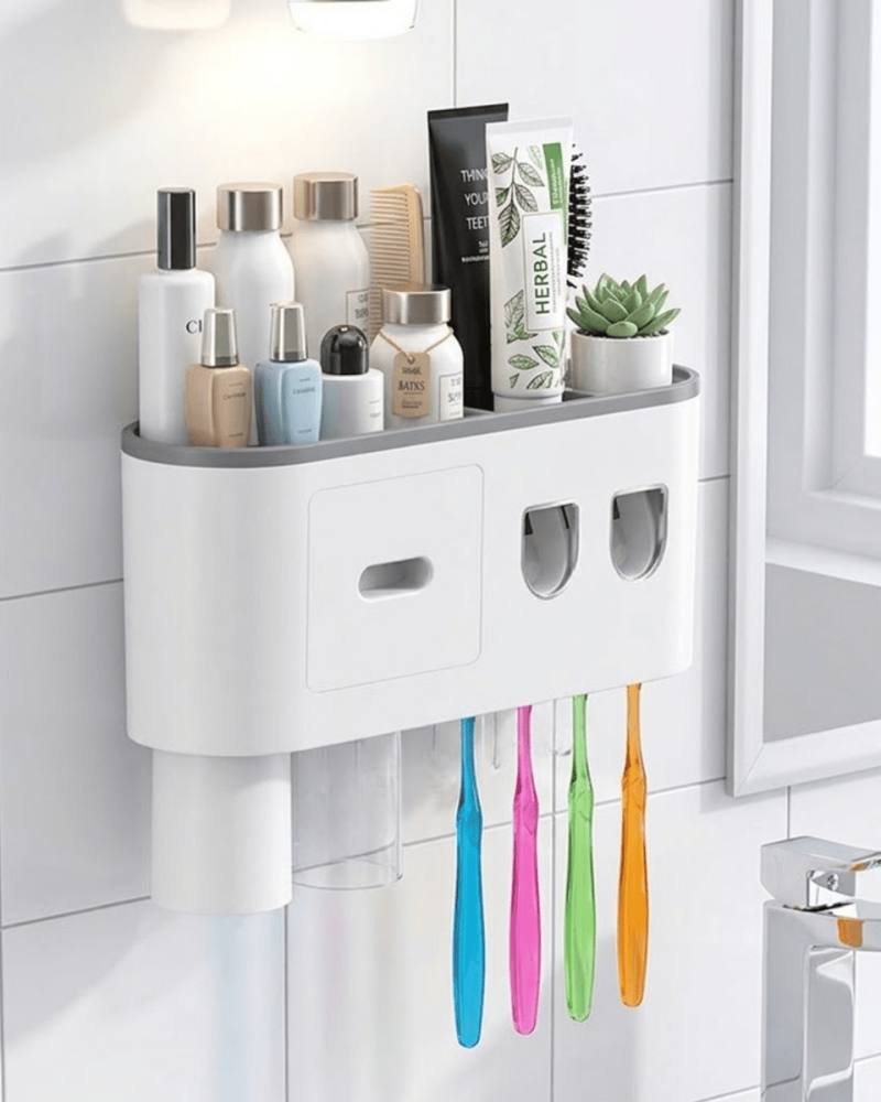 Banyo Organizer Diş Fırçası Tutucu Çift Dispenserli Raflı Çekmeceli