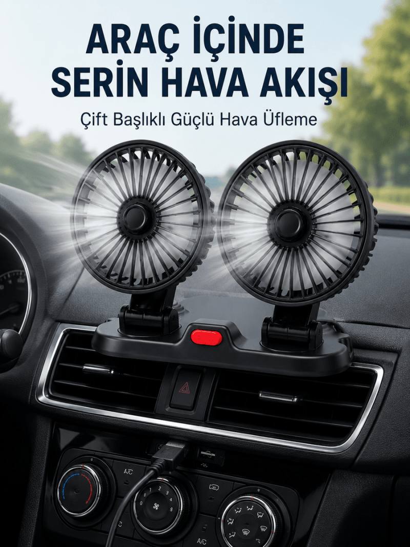 Ayarlanabilir Çift Başlıklı Sessiz Araç İçi Vantilatör
