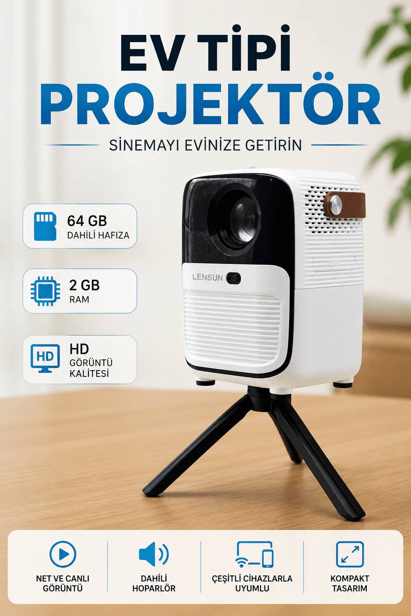 Projector Ev Tipi 64 Gb 2 Gb Rem Hafıza Hd Görüntü Kumandalı