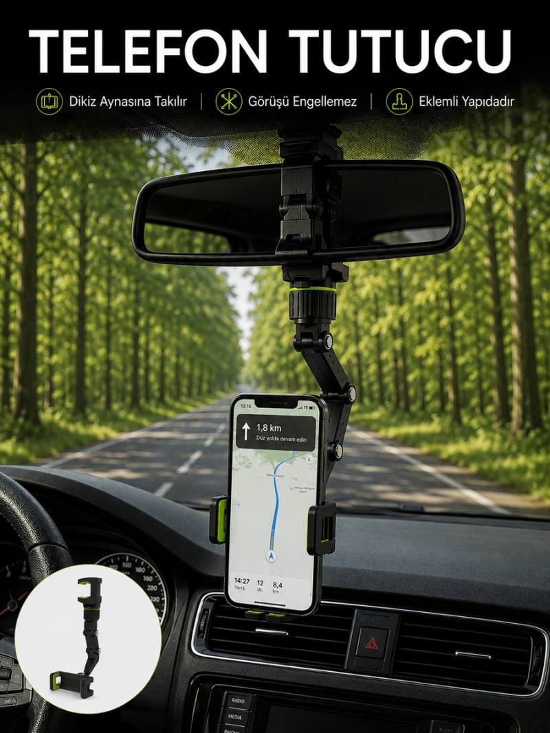 Araç İçi Dikiz Aynası Telefon Tutucu 360° Dönebilen Katlanabilir